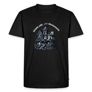 "Les ruines ne sont que des débuts", slogan urbex - T-shirt Premium bio Homme - noir - Devant - Nico (187cm)