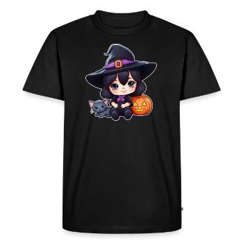 Sorcière mignonne avec chat noir et citrouille - T-shirt Premium bio Homme - noir - Devant - Nico (187cm)