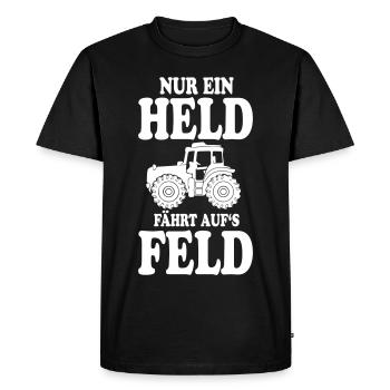 TRAKTOR SPRUCH NUR EIN HELD FÄHRT AUFS FELD - Männer Premium Bio T-Shirt - Schwarz - Vorne - Nico (187cm)