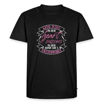 Avec Jésus dans son cœur et des ciseaux à la main - T-shirt Premium bio Homme - noir - Devant - Nico (187cm)