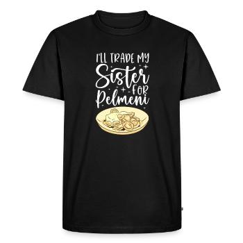J’échangerai ma sœur contre Pelmeni - T-shirt Premium bio Homme - noir - Devant - Nico (187cm)