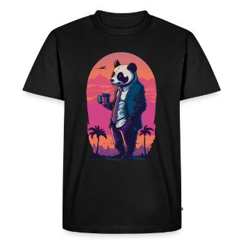 80's illustration of a panda with a coffee cup - Men's Premium Organic T-Shirt - black - Front - Nico (187cm)