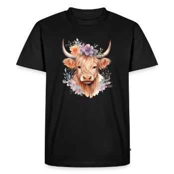 Custom Scottish Floral Highland Cow Gift For Kids - Men's Premium Organic T-Shirt - black - Front - Nico (187cm)