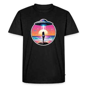 Woman is staring at UFO at the beach. - Men's Premium Organic T-Shirt - black - Front - Nico (187cm)