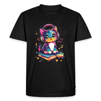 Cute cat with headphones and books - Men's Premium Organic T-Shirt - black - Front - Nico (187cm)