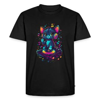 Chat mignon avec des écouteurs et un disque vinyle - T-shirt Premium bio Homme - noir - Devant - Nico (187cm)