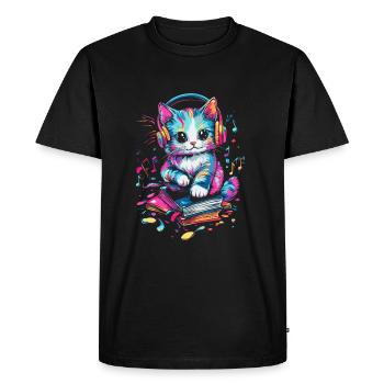 Cute cat with headphones and books - Men's Premium Organic T-Shirt - black - Front - Nico (187cm)
