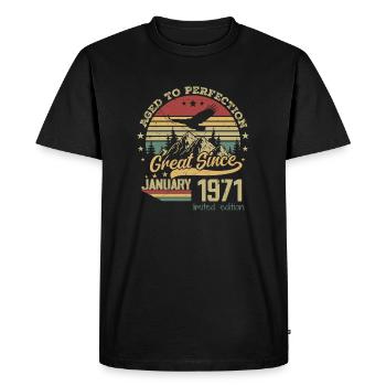 53 years old Aged to perfection born: January 1971 - Men's Premium Organic T-Shirt - black - Front - Nico (187cm)