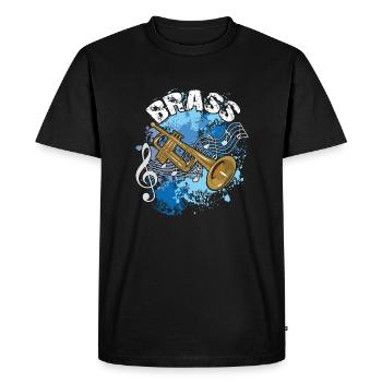 Trompette avec des lignes de notes sur des éclaboussures de couleur - T-shirt Premium bio Homme - noir - Devant - Nico (187cm)