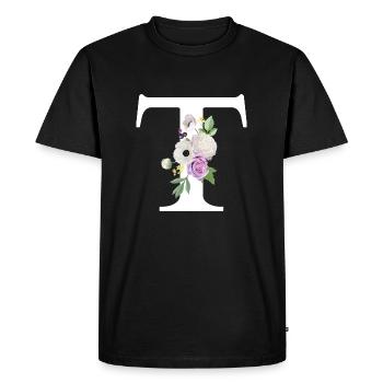 Lettre t floral violet - T-shirt Premium bio Homme - noir - Devant - Nico (187cm)