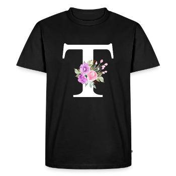 Lettre t floral violet - T-shirt Premium bio Homme - noir - Devant - Nico (187cm)