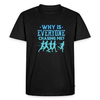 Pourquoi tout le monde me poursuit – Runner Country - T-shirt Premium bio Homme - noir - Devant - Nico (187cm)