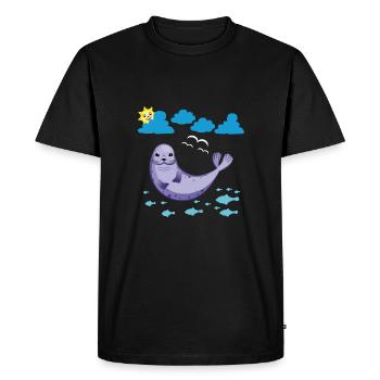 Petit phoque Poissons solaires et mouettes - T-shirt Premium bio Homme - noir - Devant - Nico (187cm)