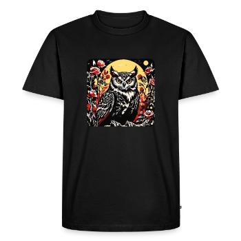 Hibou avec des vrilles de pétales de rose en aspect gravure sur bois - T-shirt Premium bio Homme - noir - Devant - Nico (187cm)