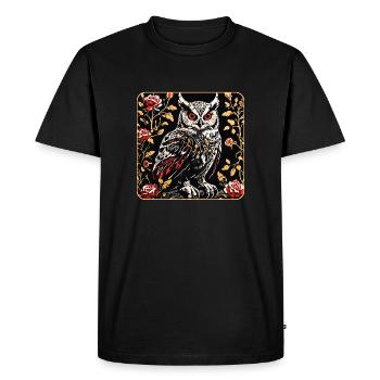 Hibou avec des vrilles de pétales de rose en aspect gravure sur bois - T-shirt Premium bio Homme - noir - Devant - Nico (187cm)
