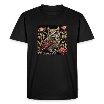 Hibou avec des vrilles de pétales de rose en aspect gravure sur bois - T-shirt Premium bio Homme - noir - Devant - Nico (187cm)