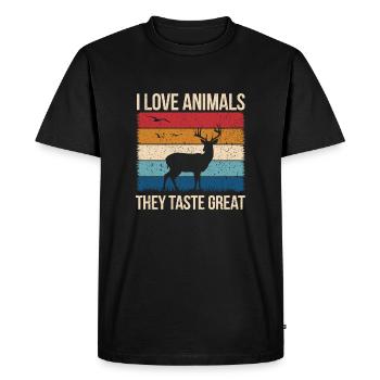 I love animals – they taste great! - Men's Premium Organic T-Shirt - black - Front - Nico (187cm)