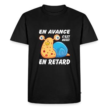 En avance c'est aussi en retard - T-shirt Premium bio Homme - noir - Devant - Nico (187cm)