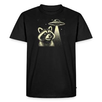 Mystical raccoon with spaceship and stars - Men's Premium Organic T-Shirt - black - Front - Nico (187cm)