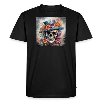 TÊTE DE MORT AU CHAPEAU FLEURI - T-shirt Premium bio Homme - noir - Devant - Nico (187cm)