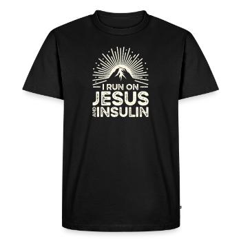 Cadeau humoristique : Je cours sur Jésus et l’insuline - T-shirt Premium bio Homme - noir - Devant - Nico (187cm)