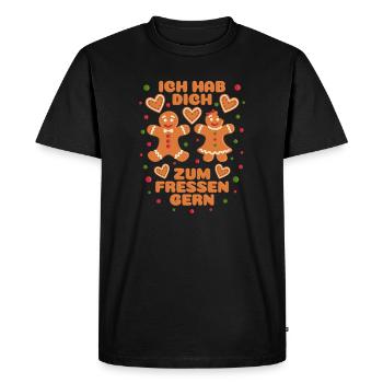 Bonhomme en pain d'épice disant que j'aime te manger - T-shirt Premium bio Homme - noir - Devant - Nico (187cm)