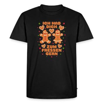 Femme en pain d'épice disant que j'aime te manger - T-shirt Premium bio Homme - noir - Devant - Nico (187cm)
