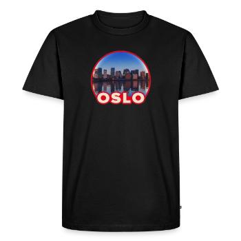Oslo Skyline Round Logo - Men's Premium Organic T-Shirt - black - Front - Nico (187cm)