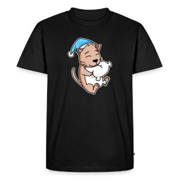 Chat avec bonnet de couchage et oreiller - T-shirt Premium bio Homme - noir - Devant - Nico (187cm)