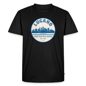 Lugano Skyline Badge - Men's Premium Organic T-Shirt - black - Front - Nico (187cm)