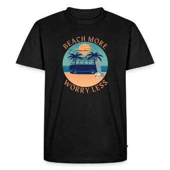 Plage Plus - S’inquiéter moins - Voyage - T-shirt Premium bio Homme - noir - Devant - Nico (187cm)