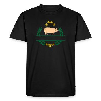 Cochon en couronne de laurier vert avec couronne jaune d’or - T-shirt Premium bio Homme - noir - Devant - Nico (187cm)