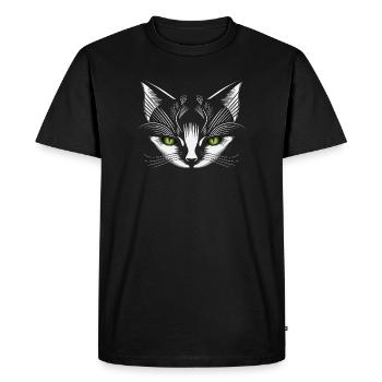 tête de chat blanche avec des yeux de chat verts - T-shirt Premium bio Homme - noir - Devant - Nico (187cm)