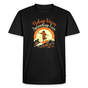 Surfing Jesus - Riding Waves Spreading Love - Men's Premium Organic T-Shirt - black - Front - Nico (187cm)