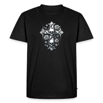Croix, Vie, Mort, Épines, Roses, Crâne - T-shirt Premium bio Homme - noir - Devant - Nico (187cm)
