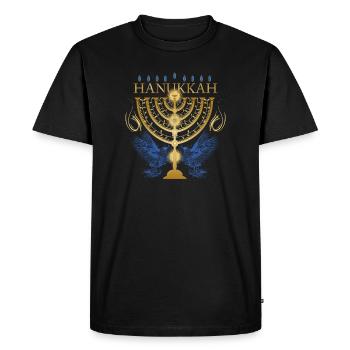 chandelier de Hanoukka doré avec deux colombes - T-shirt Premium bio Homme - noir - Devant - Nico (187cm)