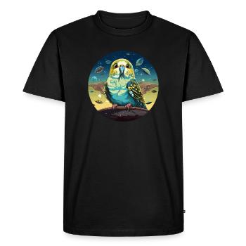 Funny budgie with UFOs in space - Men's Premium Organic T-Shirt - black - Front - Nico (187cm)