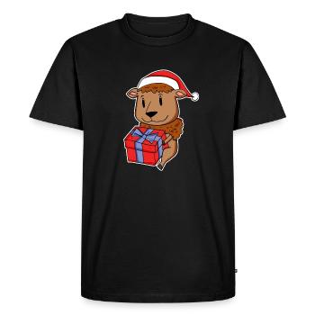 Bison with Santa hat and Christmas gift - Men's Premium Organic T-Shirt - black - Front - Nico (187cm)