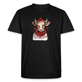 Vache d’hiver avec écharpe rouge et chapeau - T-shirt Premium bio Homme - noir - Devant - Nico (187cm)