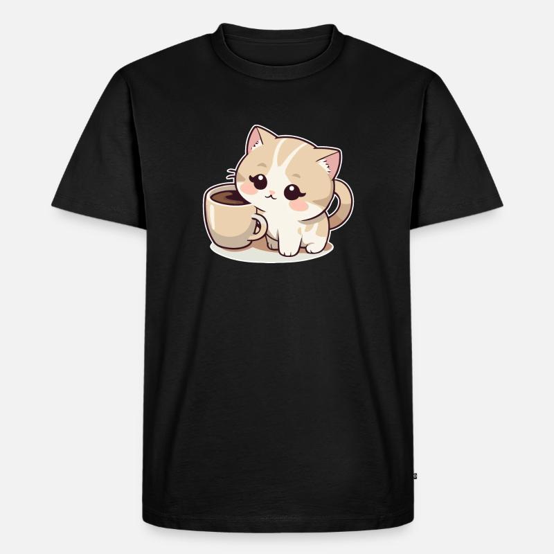 Katze mit Coffee - Männer Premium Bio T-Shirt - Schwarz