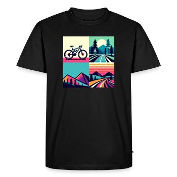 Retro Pop Cycle & Mountain Sunset - Men's Premium Organic T-Shirt - black - Front - Nico (187cm)