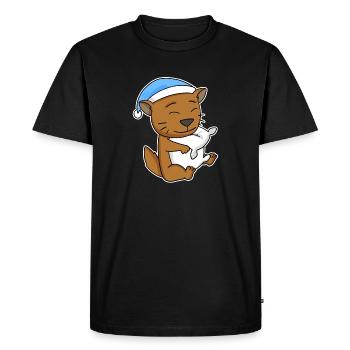 Dormir fatigué - Chat avec oreiller et bonnet somnolent - T-shirt Premium bio Homme - noir - Devant - Nico (187cm)