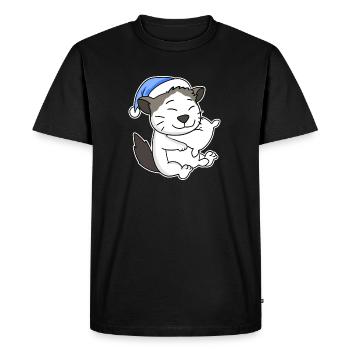 Dormir fatigué - Chat avec oreiller et bonnet somnolent - T-shirt Premium bio Homme - noir - Devant - Nico (187cm)