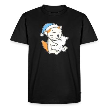 Dormir fatigué - Chat avec oreiller et bonnet somnolent - T-shirt Premium bio Homme - noir - Devant - Nico (187cm)