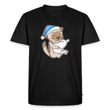 Dormir fatigué - Chat avec oreiller et bonnet somnolent - T-shirt Premium bio Homme - noir - Devant - Nico (187cm)