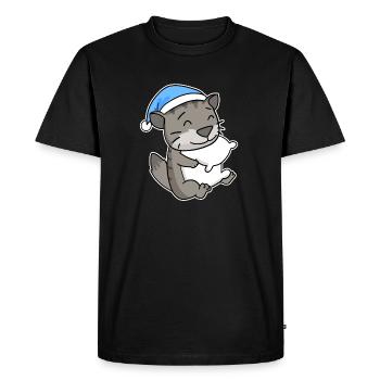 Dormir fatigué - Chat avec oreiller et bonnet somnolent - T-shirt Premium bio Homme - noir - Devant - Nico (187cm)