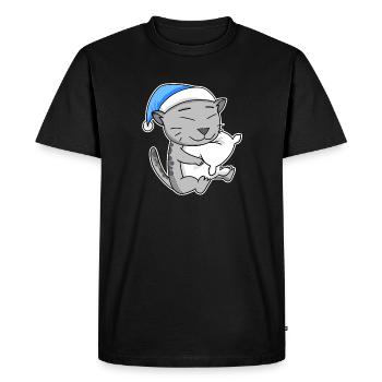 Dormir fatigué - Chat avec oreiller et bonnet somnolent - T-shirt Premium bio Homme - noir - Devant - Nico (187cm)