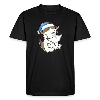 Dormir fatigué - Chat avec oreiller et bonnet somnolent - T-shirt Premium bio Homme - noir - Devant - Nico (187cm)