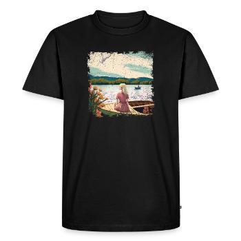Femme assise dans un bateau au bord de l’eau - T-shirt Premium bio Homme - noir - Devant - Nico (187cm)