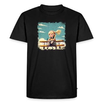 Fille assise sur un biplan | Fantaisie - T-shirt Premium bio Homme - noir - Devant - Nico (187cm)